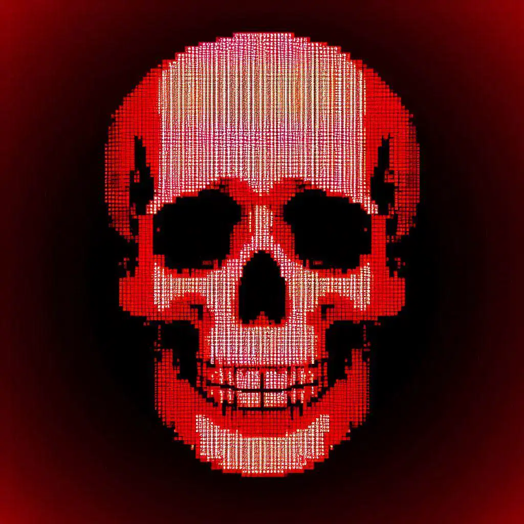 Hässlicher roter digitaler Totenkopf, pixelartig gestaltet, schwarzer Hintergrund, AI-generierte Kunst.