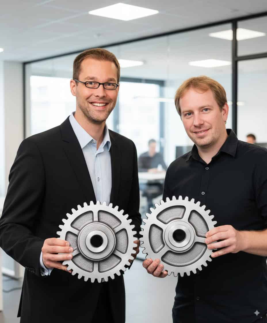 Zwei Männer präsentieren Zahnräder in einem modernen Büro.