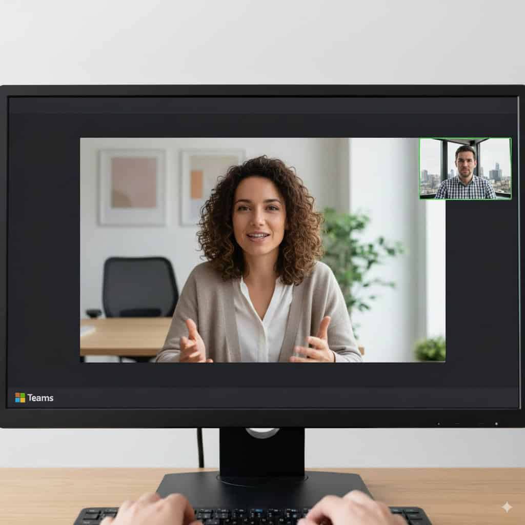 Zoom-Meeting mit Kollegin im Gespräch, moderne Büroumgebung.