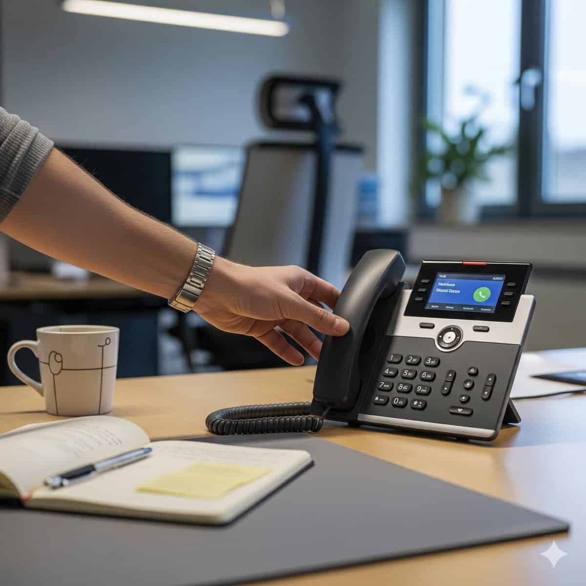 Alt: Moderne Bürotelefon mit Touchscreen und Schnur, auf Schreibtisch mit Notizbuch.