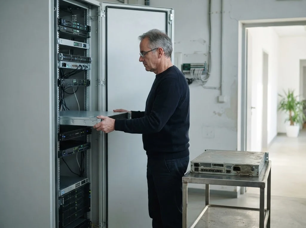 Techniker schiebt ein neues Gerät in einen laufenden Serverschrank, das ausgebaute alte Gerät liegt daneben – geplante Modernisierung im Betrieb