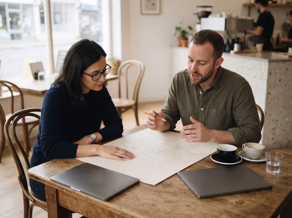 Zwei Personen besprechen eine Skizze auf Papier – gemeinsames Review der IT-Weiterentwicklung