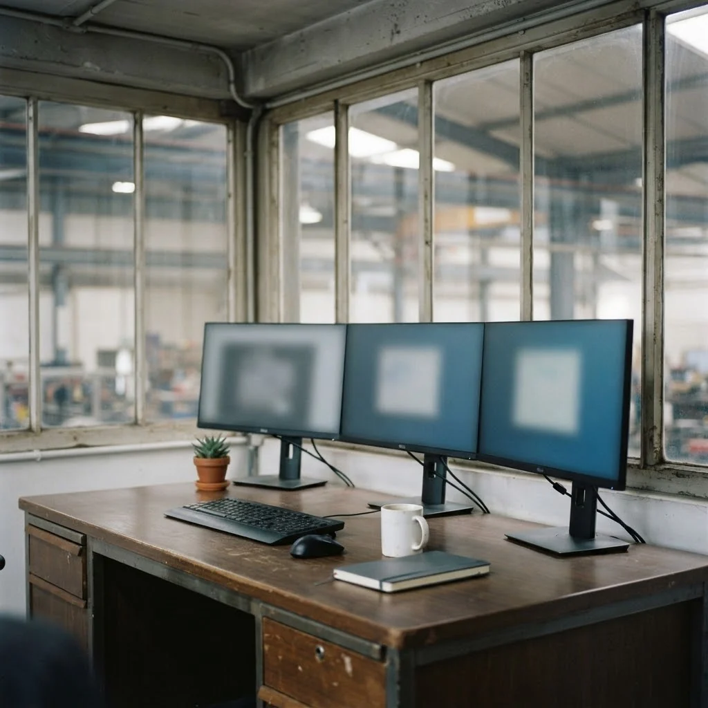 Arbeitsplatz mit drei Monitoren in einem Büro an der Produktionshalle – Überblick über die IT-Infrastruktur