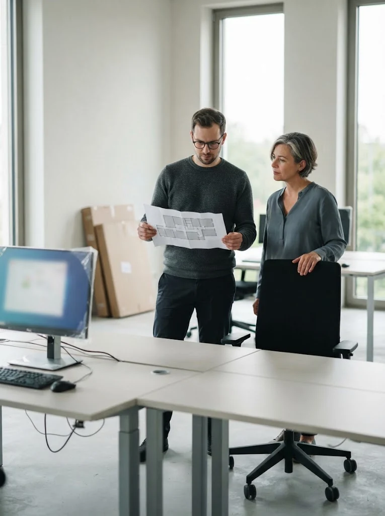 Zwei Mitarbeitende vergleichen einen Grundrissplan mit einer neu eingerichteten Bürofläche, Monitore noch mit Schutzfolie – IT-Projekt kurz vor der Übergabe